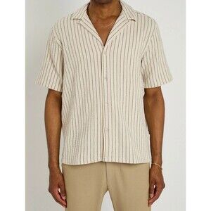 LES DEUX Button Shirt Mens Medium Cream Structured Stripe Boucle LESLEY $189